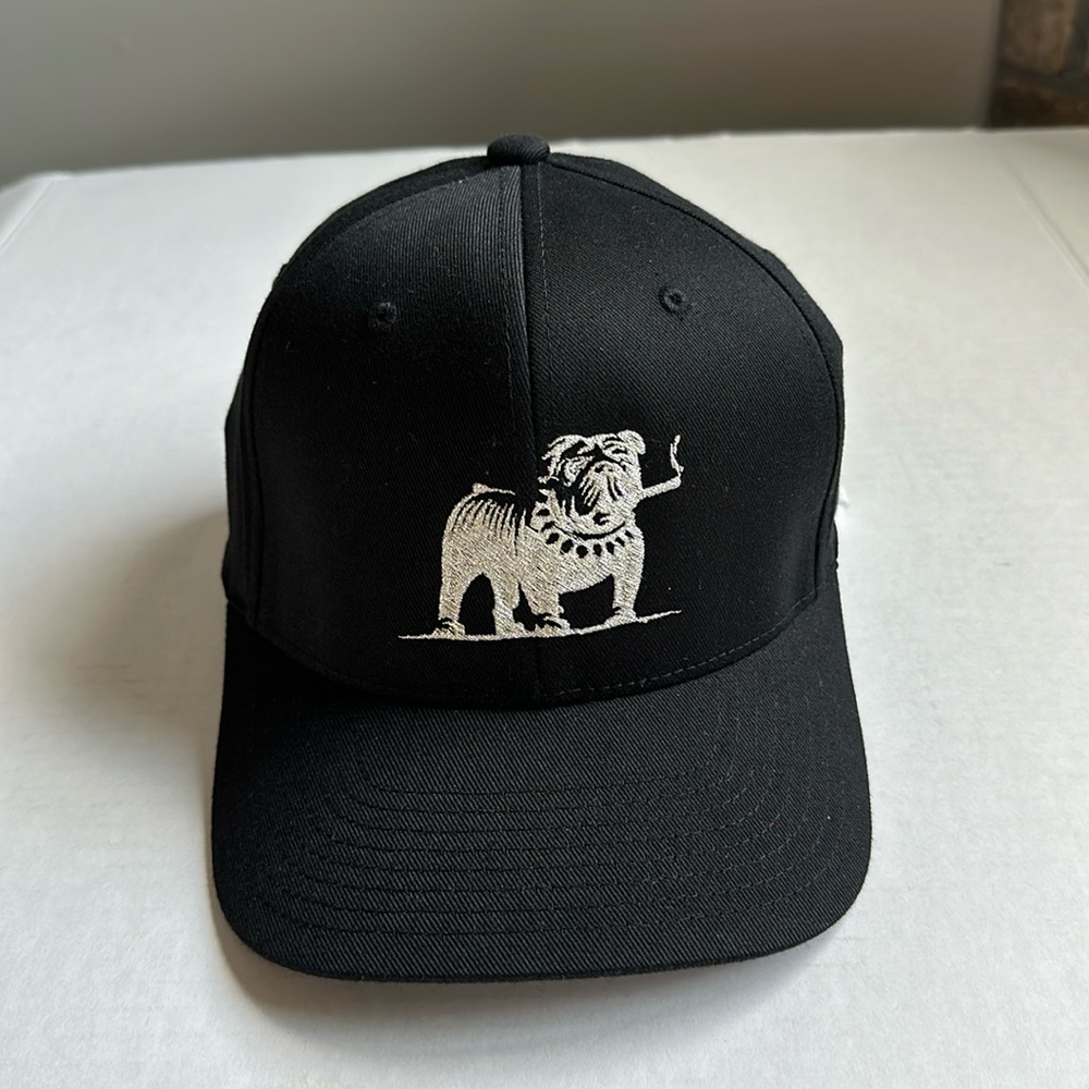 Brand new black baseball hat in size S/M with bulldog stitched in silver thread